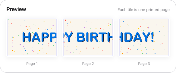HAPPY BIRTHDAY confetti banner split into three landscape Letter pages labeled Page 1, 2, and 3