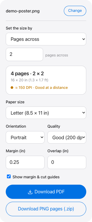 Free Image Splitter controls panel with the sizing driver, paper size, margin and overlap fields, and the DPI readout