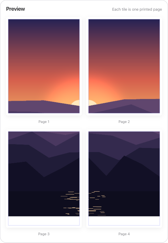 Splitter preview showing a sunset poster divided into a 2 × 2 grid of printable pages