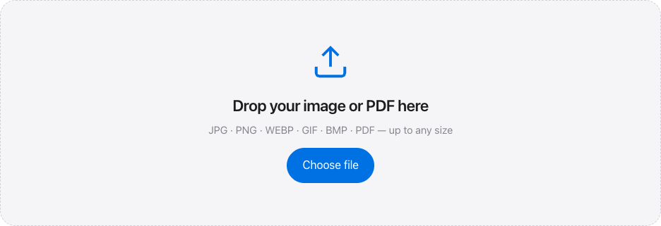 Upload dropzone reading Drop your image or PDF here, listing JPG, PNG, WEBP, GIF, BMP and PDF, with a Choose file button