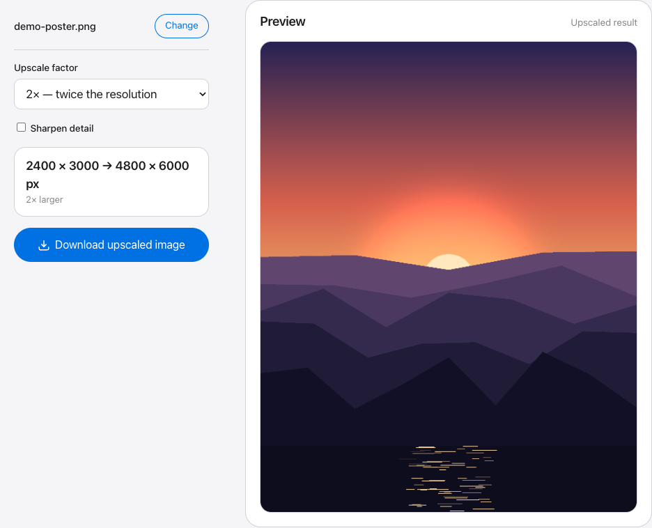 Free Image Splitter upscaler with a 2400 × 3000 px image set to 2×, producing a 4800 × 6000 px result