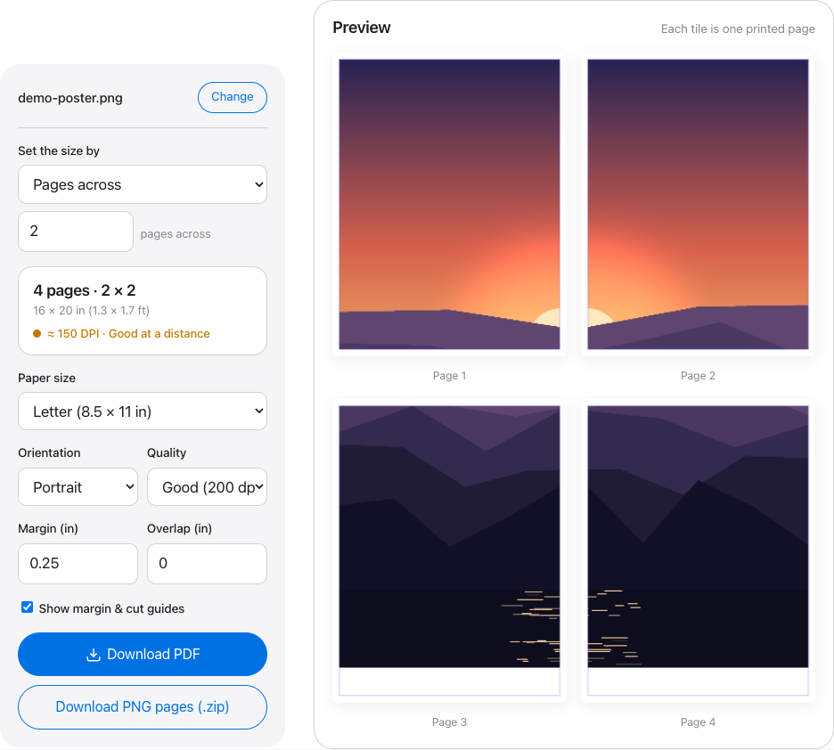 Free Image Splitter workspace with a sunset mountain photo split into a 2 by 2 grid of four Letter pages, controls and a DPI readout on the left
